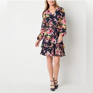 R & K Originals Womens Long Sleeve Floral Fit + Flare Dress Size 14 NWT
